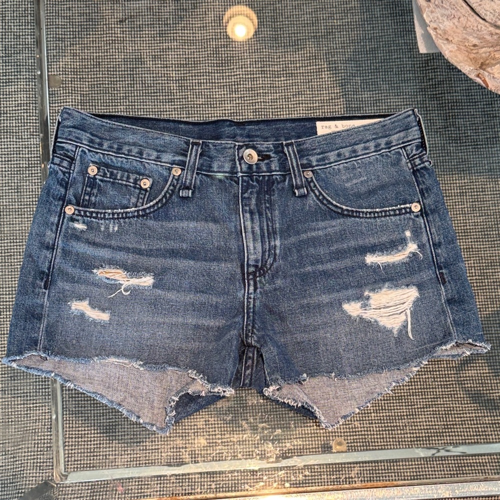 rag & bone Dark Blue Distressed Denim Cutoff Shorts